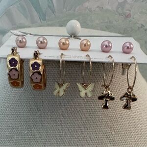 NWT 6 Pair Set of Earrings - Faux Pearls, Butterflies, Mushrooms & Flower Hoops